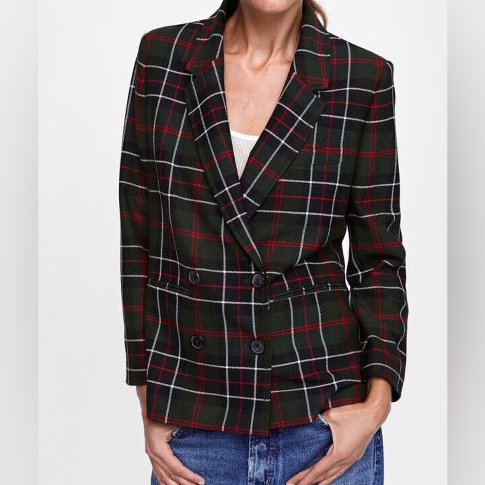 Zara Tartan Check Red/Green Straight Blazer Jacket NEW